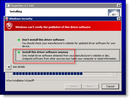 Acceptați instalarea driverului MagicISO pe Server 2008