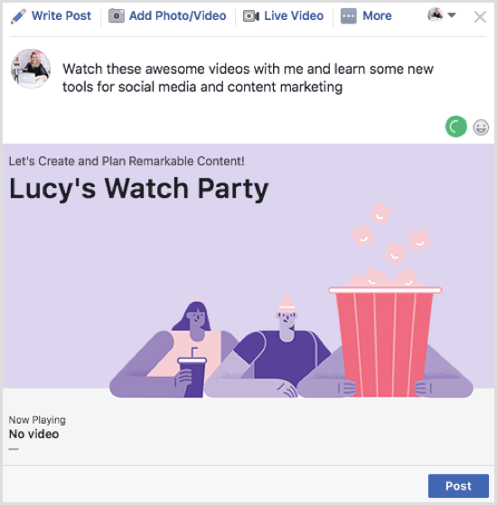 Faceți clic pe Postați pentru a publica postarea Facebook Watch Party.