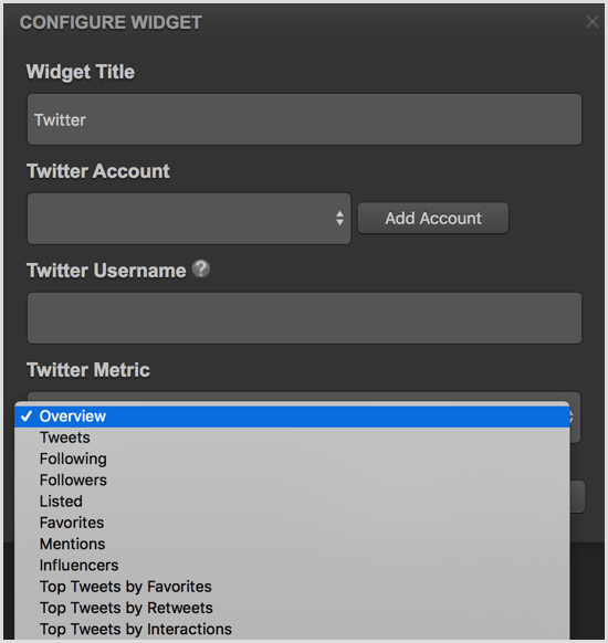 Cyfe configurează widgetul Twitter