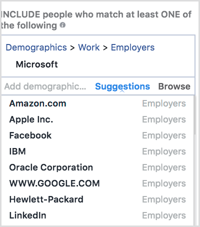 Facebook oferă sugestii în secțiunea de direcționare detaliată.