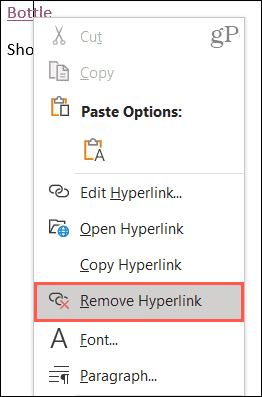Faceți clic dreapta și alegeți Eliminare hyperlink
