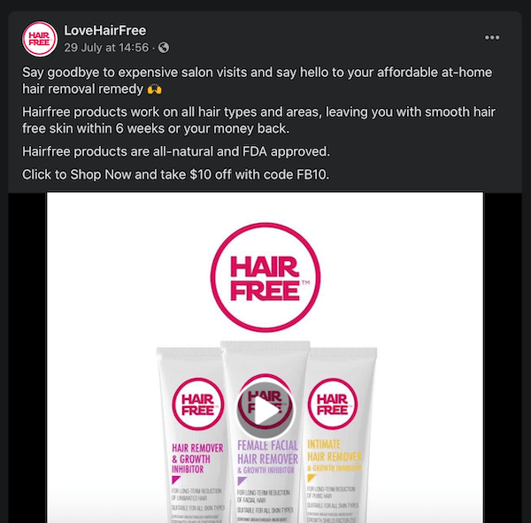 postare pe facebook de către lovehairfree notându-și produsele de îndepărtare a părului comparându-le cu vizitele scumpe la salon