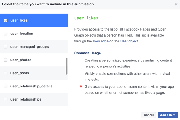 Selectați ce elemente doriți să includeți în trimiterea aplicației dvs. Facebook.