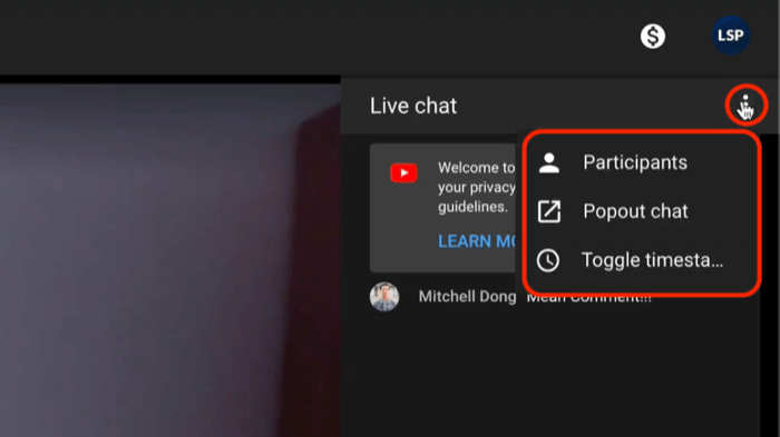 Opțiunile din meniul de chat live YouTube, inclusiv vizualizarea participanților și deschiderea chatului pentru o vizualizare și o moderare mai bune