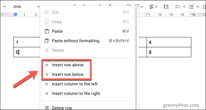 Inserarea unui rând nou într-un tabel Google Docs