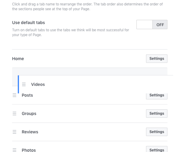 Reordonați filele de pe pagina dvs. de afaceri Facebook pentru a reflecta conținutul sau strategia dvs. de marketing.