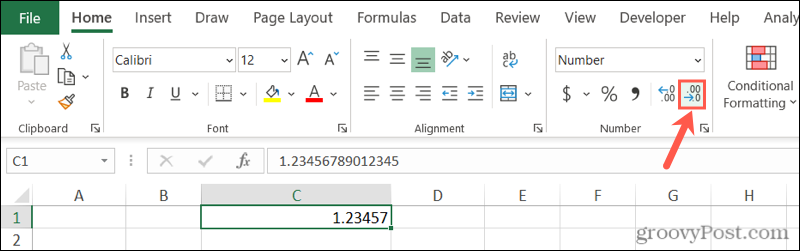 Reduceți butonul zecimal în Excel