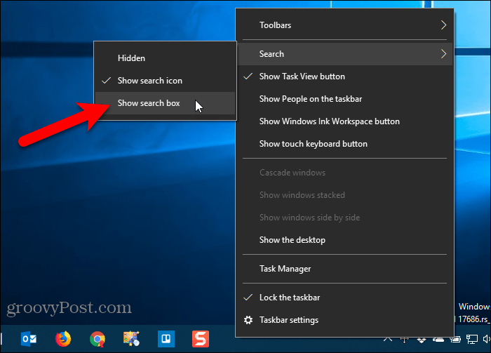 Afișați caseta de căutare Setarea barei de activități în Windows 10