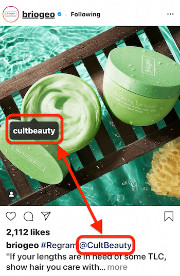 postare instagram de @briogeo care afișează o etichetă de postare și legenda @mention pentru @cultbeauty, produsul cui apare în imagine