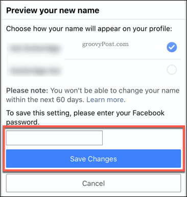 Confirmarea unei modificări de nume Facebook în aplicația mobilă
