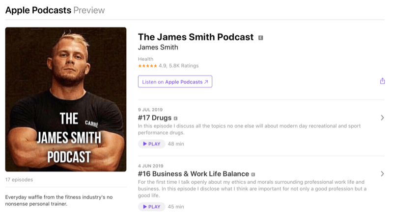Strategia de marketing social media; Captură de ecran a podcastului lui James Smith pe Apple Podcasts. James este un influencer bine-cunoscut în spațiul de fitness.