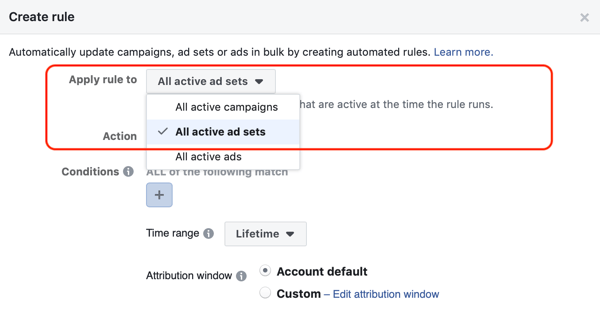 Utilizați reguli automatizate Facebook, opriți setul de anunțuri atunci când cheltuielile sunt de două ori cost și mai puțin de o achiziție, pasul 1, aplicați tuturor seturilor de anunțuri
