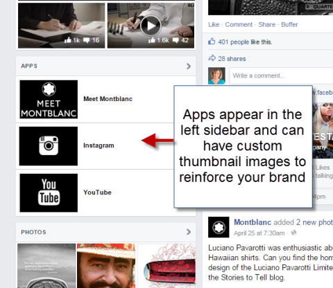 aplicații sociale din bara laterală stângă a paginii de facebook