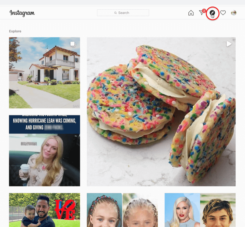captură de ecran a instagramului cu pictograma feedului explorării busolei evidențiată și eșantionat mai multe postări instagram