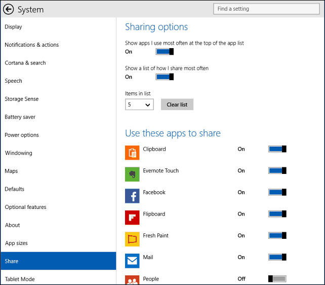 opțiuni de partajare Windows 10