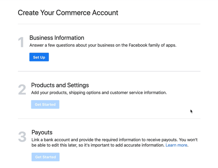 casetă de dialog pentru a configura informațiile despre companie pentru contul dvs. de comerț Facebook
