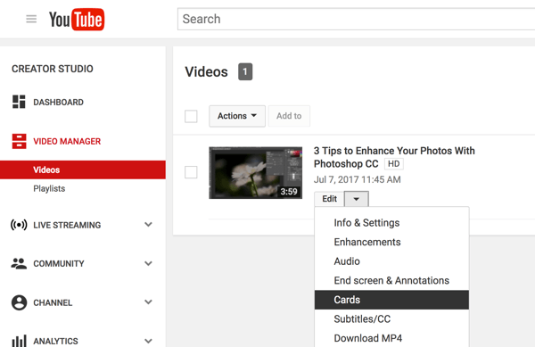 În Managerul video YouTube, faceți clic pe săgeata în jos de lângă Editați și selectați Carduri.