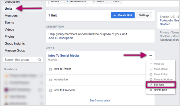Faceți clic pe cele trei puncte din dreapta unității de grup Facebook pe care doriți să o editați.