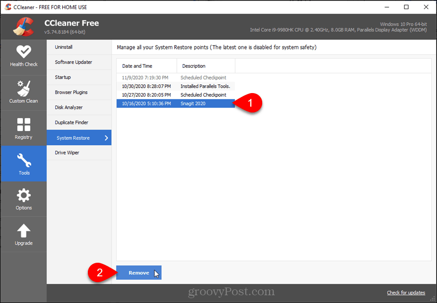 Puncte de restaurare a sistemului în CCleaner