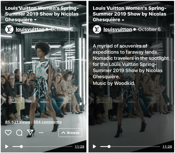Exemplu al emisiunii IGTV a lui Louis Vuitton pentru prezentarea lor de modă de primăvară-vară 2019 pentru femei.