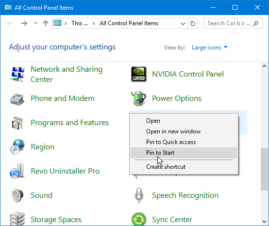 Pini Control Element Porniți Windows 10