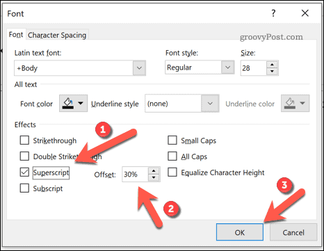 Opțiuni pentru adăugarea textului de subindice sau superindice în PowerPoint pe Windows