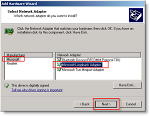 Windows Add Hardware Wizard: Adăugați Loopback Network Adapter