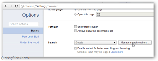 Opțiuni de bază pentru Google Chrome