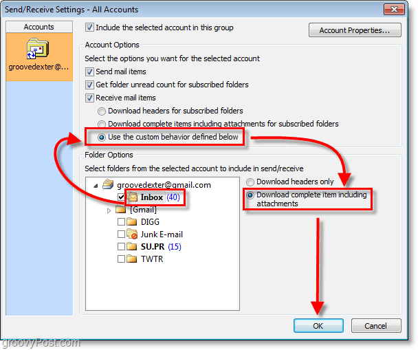 Outlook 2010 Captură de ecran - Inbox utilizați un comportament personalizat descărcați elementul complet