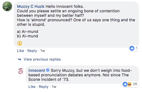 Exemplu de răspuns Innocent la o întrebare de comentariu pe o postare pe Facebook.