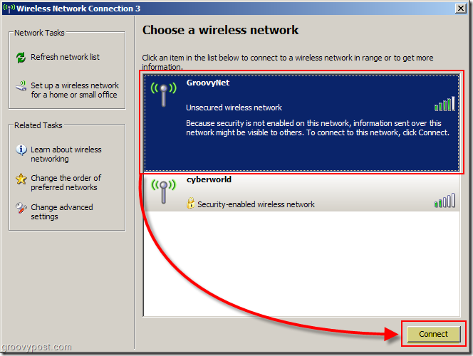 Meniul Windows XP pentru a alege o captură de ecran a rețelei wireless:: groovyPost.com