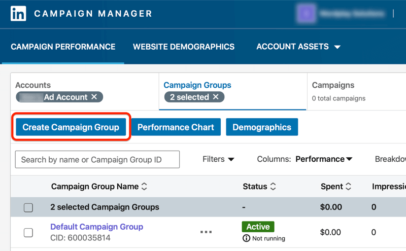 tabloul de bord al managerului de campanii linkedin cu butonul Creați grup de campanii evidențiat