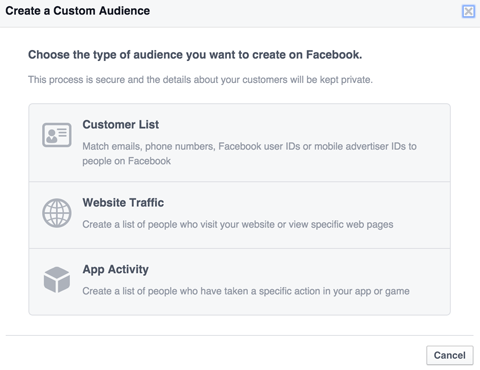 selectați un tip de public personalizat pe Facebook