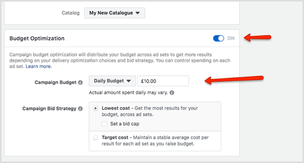 Secțiunea Optimizare bugetară din Facebook Ads Manager