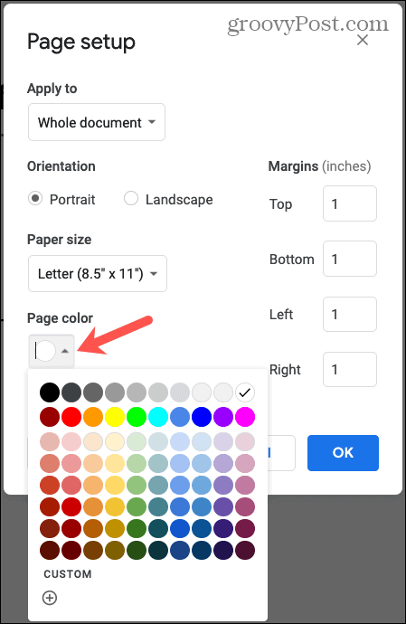 Culoare pagină Documente Google