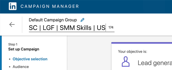 captură de ecran a numelui campaniei LinkedIn editat pentru a spune „SC | LGF | Abilități SMM | S.U.A'
