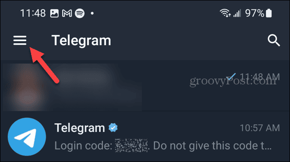Butonul de meniu pe Telegram pe Android