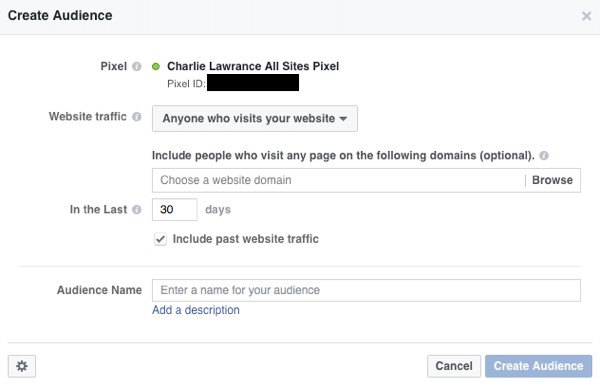 Creați un public personalizat pentru a reorienta vizitatorii site-ului web cu reclame Facebook.