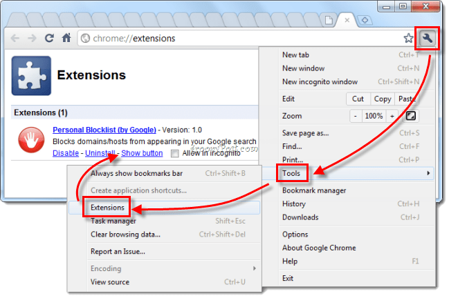 Google Chrome administrează extensiile butonul roșu