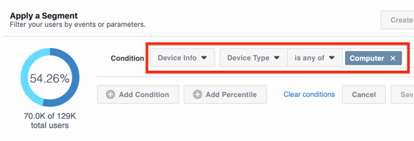 Opțiuni de condiții pentru a vedea porțiunea de public pe desktop-ul Facebook.