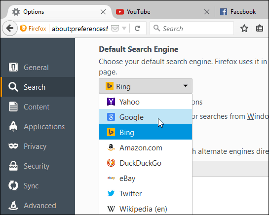 setează motorul de căutare Firefox