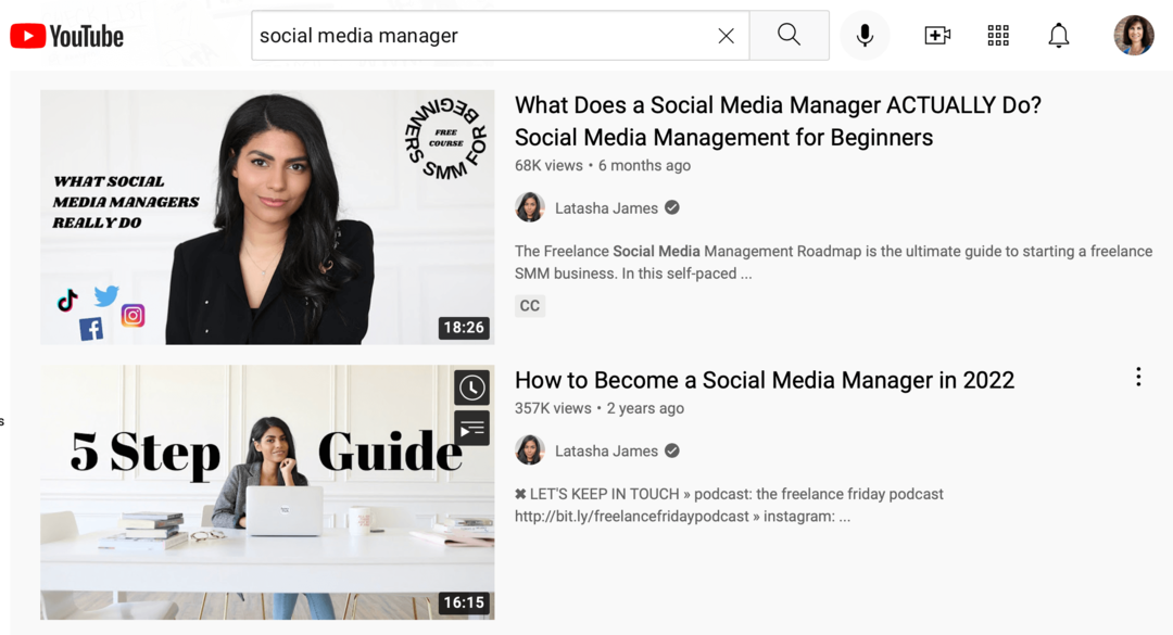 imagine cu rezultatele căutării YouTube pentru „manager de rețele sociale”