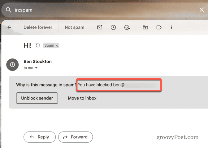 Exemplu de e-mail blocat în Gmail