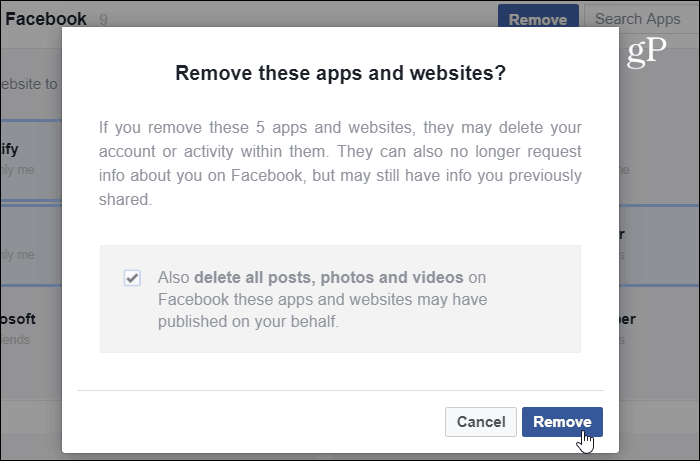 Verificați eliminarea site-ului pentru aplicații Facebook