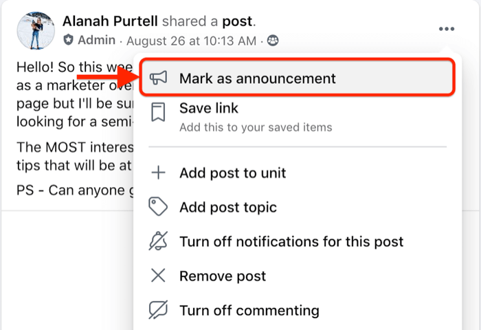 Opțiunea de meniu a postării de grup facebook pentru a marca o postare specifică ca un anunț