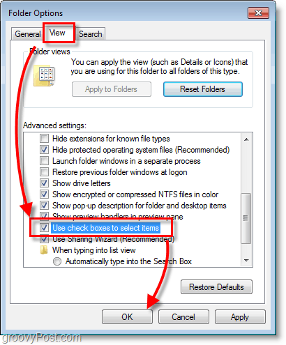 Captura de ecran Windows 7 - opțiunile folderului afișează și bifează casetele pentru a selecta elemente