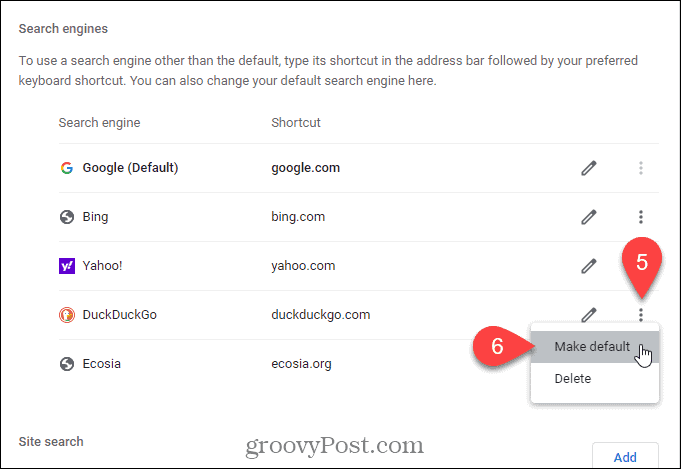 Selectați Setarea implicită pentru motorul de căutare care doriți să fie implicit pe pagina Filă nouă din Chrome