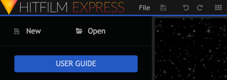 Faceți clic pe Nou pentru a începe un nou proiect HitFilm Express.