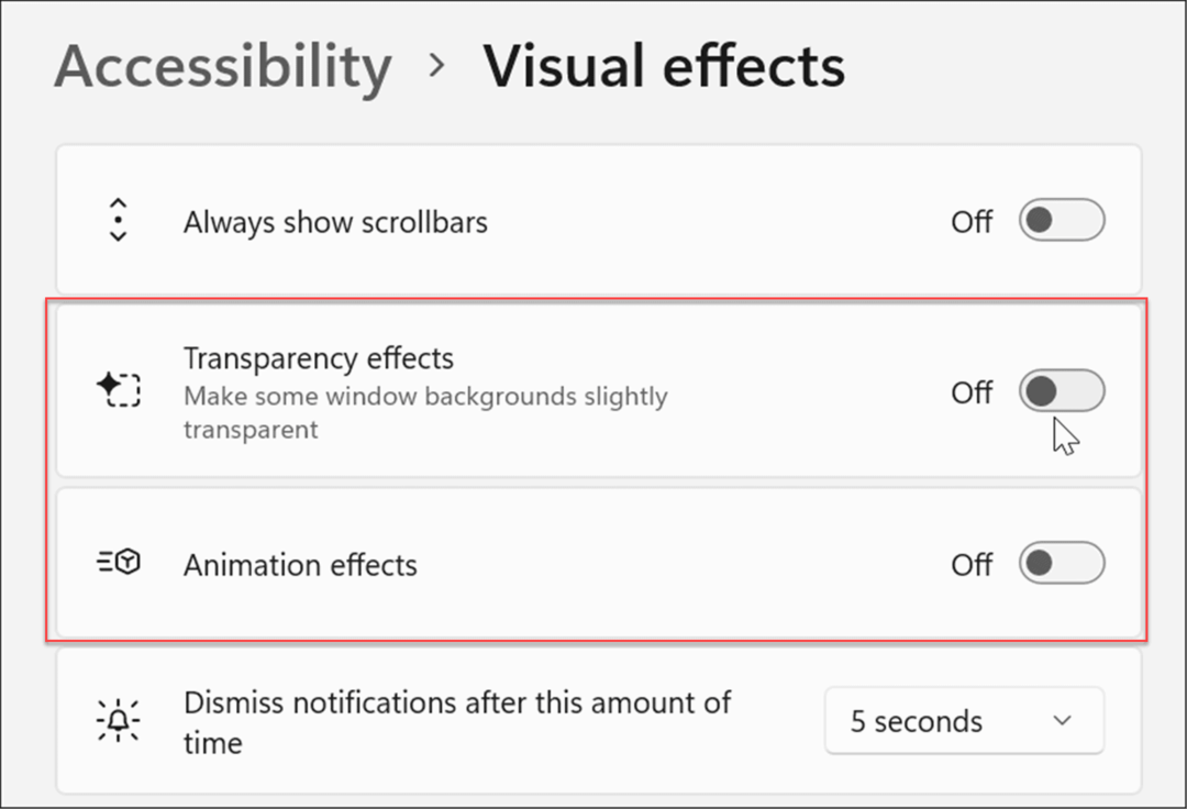 accesibilitate efecte vizuale setări Windows 11