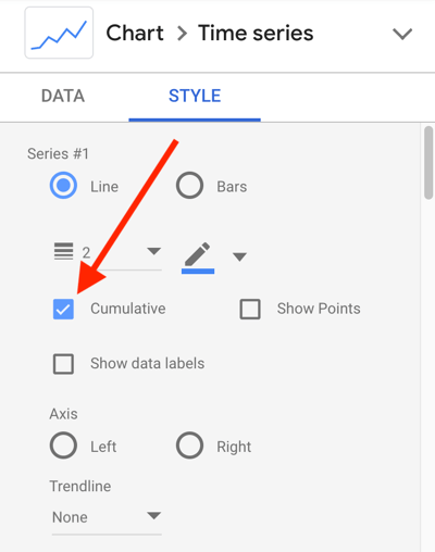 Utilizați Google Data Studio pentru a analiza anunțurile dvs. Facebook, pasul 24, setarea stilului graficului pentru linia de date cumulativă